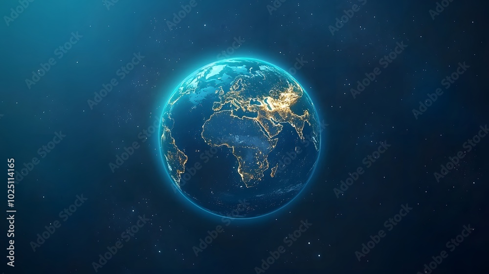 Geomagnetic Storm from Space: A view of Earth from orbit, with shimmering auroras stretching across the polar regions. The planet glows with otherworldly energy. Empty space around the globe. 