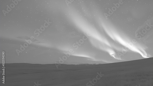 Magnetic Storm Over Arctic Tundra: A wide-angle shot capturing the vastness of the Arctic landscape. The auroras weave through the sky like celestial ribbons. Open sky for captions.  photo