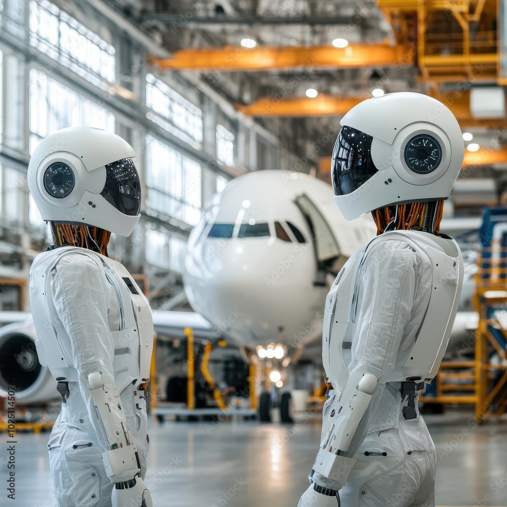 Autonomous robots conducting a full systems check on an airplane in a hightech hangar, with LEDlit diagnostic tools Autonomous robots conducting a full systems check on an airplane in a hightech hangar, with LEDlit diagnostic tools
