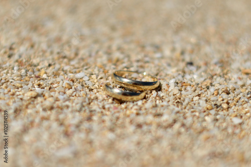 Wedding rings on the sand, Accessory kit golden rings for a wedding is on the sea shell on the beach of Caribbean Sea