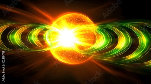 Solar Wind Colliding with Earth’s Magnetosphere: An abstract representation of charged particles interacting with magnetic lines. Glowing arcs converge, creating a cosmic collision. Dark background  photo