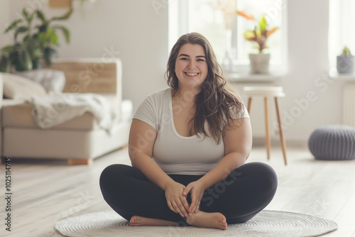 Young chubby woman sitting and relaxing after exercise at home. Healthy lifestyle, lose weight