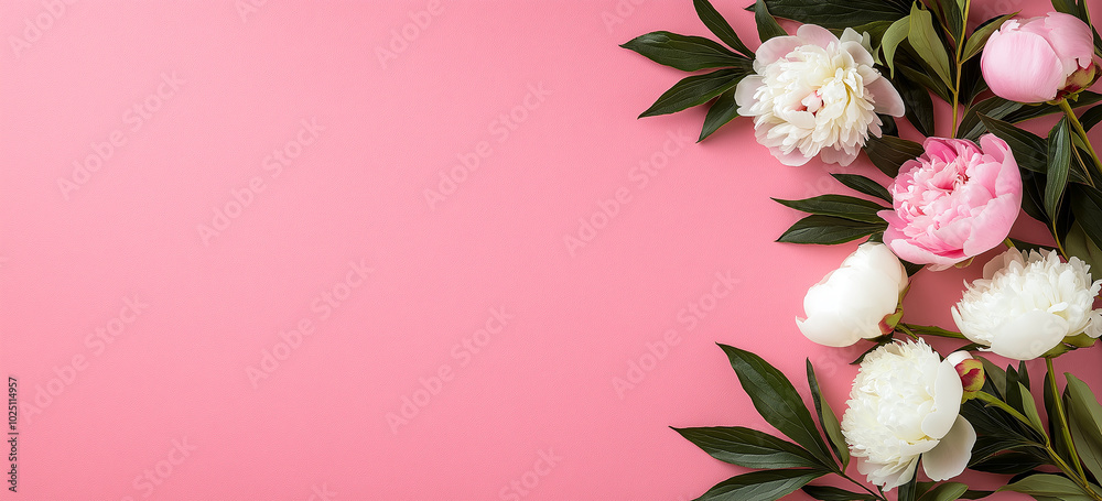 Beautiful pink and white peonies arranged on soft pink background create serene and elegant atmosphere, perfect for floral arrangements or decor Beautiful pink and white peonies arranged on soft pink background create serene and elegant atmosphere, perfect for floral arrangements or decor