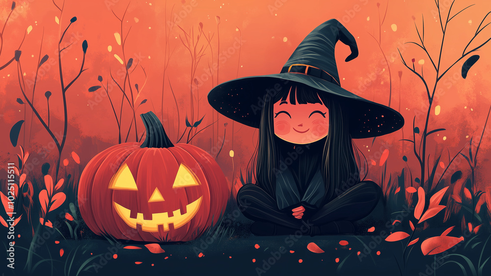 A smiling witch seated next to a glowing Jack-O-Lantern A smiling witch seated next to a glowing Jack-O-Lantern
