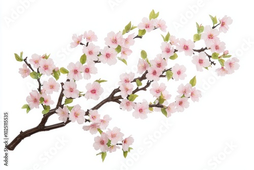 Cherry blossom branch with delicate pink flowers on a white isolated background.