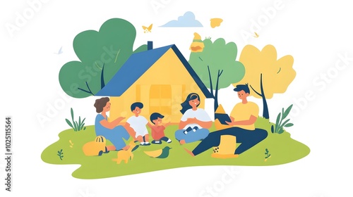 73. A cheerful family gathering outdoors with natural pest barriers