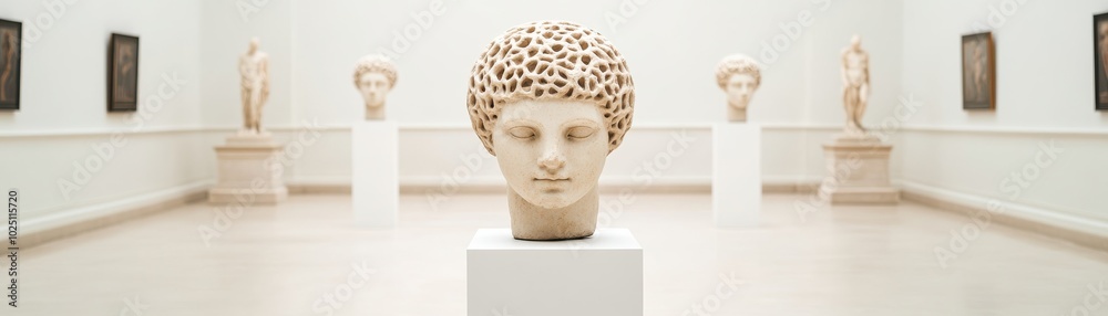Artistic display of a classical bust in a gallery, surrounded by elegant sculptures in a serene museum setting. Artistic display of a classical bust in a gallery, surrounded by elegant sculptures in a serene museum setting.