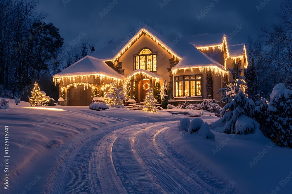 Snow-covered home lit up with festive decor, tire tracks marking the drive. Snow-covered home lit up with festive decor, tire tracks marking the drive.