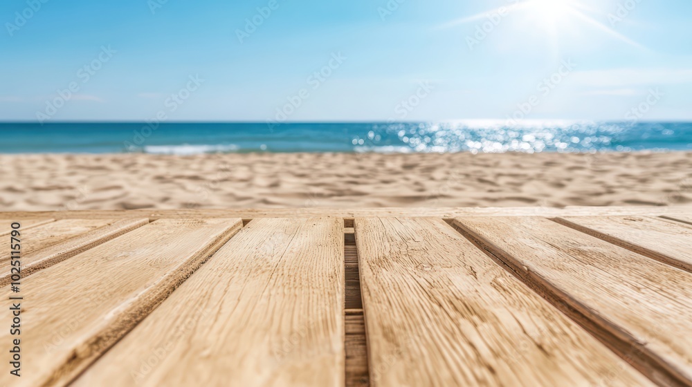 Fototapeta premium Close-up of a wooden deck overlooking a serene beach with calm waves and a bright blue sky on a sunny day.