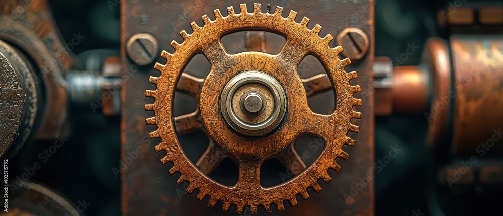Close-up of a rusty gear showcasing intricate details and texture against a dark background. Close-up of a rusty gear showcasing intricate details and texture against a dark background.