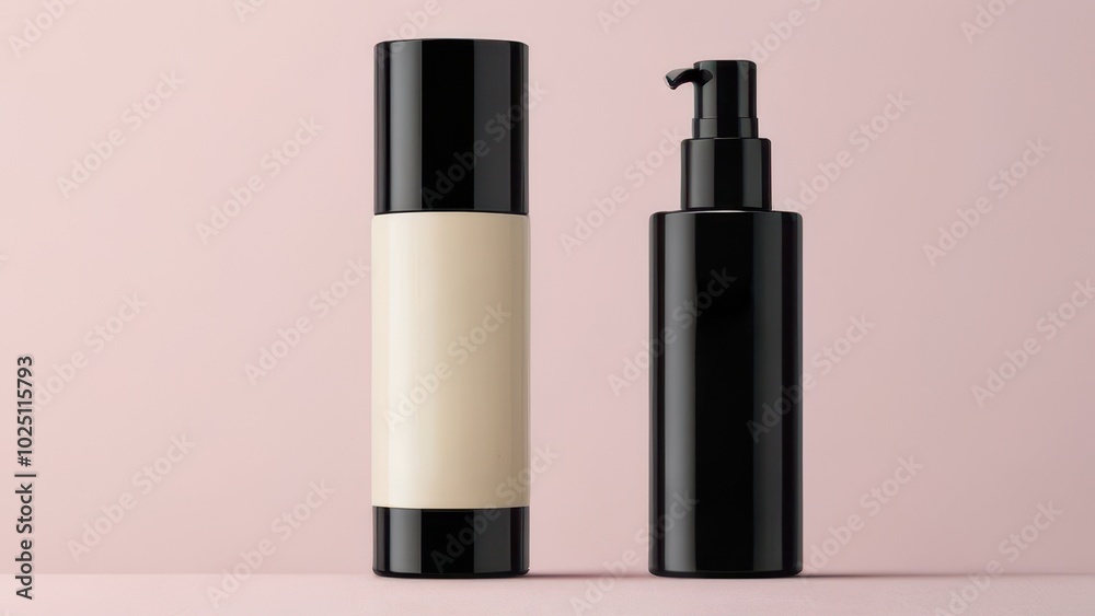 Elegant Black Pump and Cream Bottles on Minimalist Pink Background - Skincare Product Design Elegant Black Pump and Cream Bottles on Minimalist Pink Background - Skincare Product Design