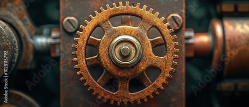 Close-up of a rusty gear showcasing intricate details and texture against a dark background.