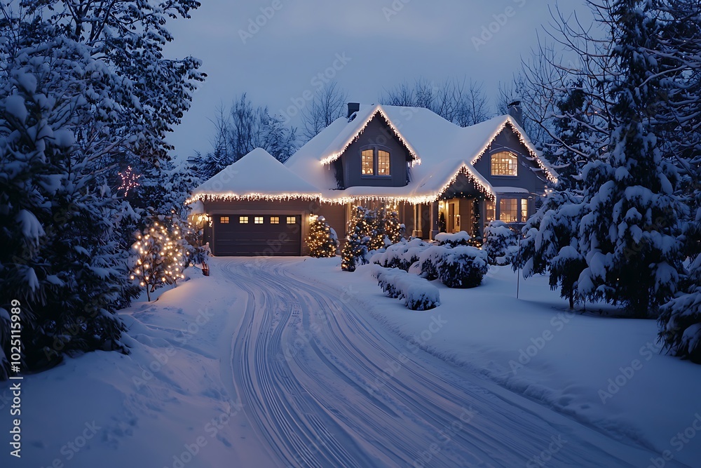 Winter home decorated with lights and snow, driveway marked by tires. Winter home decorated with lights and snow, driveway marked by tires.