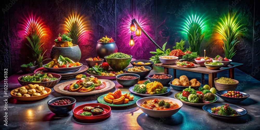 Dark Grey Wall Background with Neon Light Food Photography for Vibrant Culinary Displays