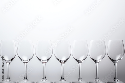 Eight wine glasses in a row, white background