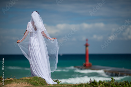 A bride near the ocean, luau, party, hawaiian party, caribbean sea, atlantic ocean, peru, cuba, photo