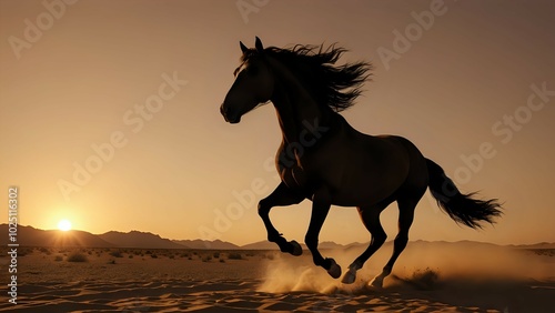 A silhouette of a horse running through the desert at sunset.