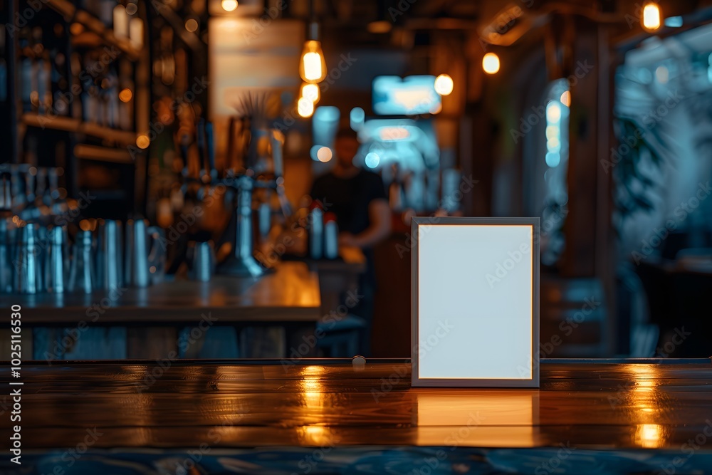 Cozy Bar Scene with Empty Frame on a Wooden Table Cozy Bar Scene with Empty Frame on a Wooden Table