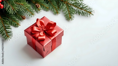 Christmas present with a red bow and pine branch on a white background.
