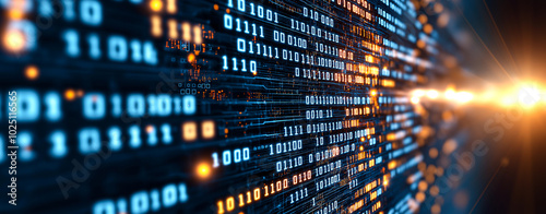 Digital data technology background with glowing binary code, representing flow of information and connectivity in modern digital landscape