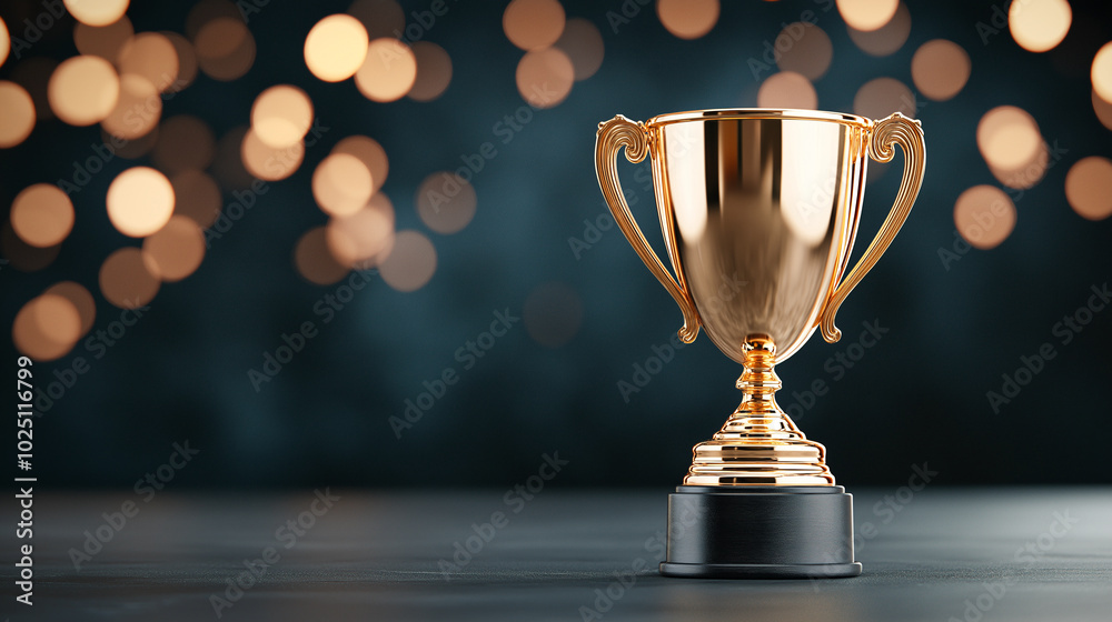 golden trophy stands proudly on dark background, illuminated by soft bokeh lights, symbolizing achievement and success. Its shiny surface reflects light beautifully, creating inspiring atmosphere