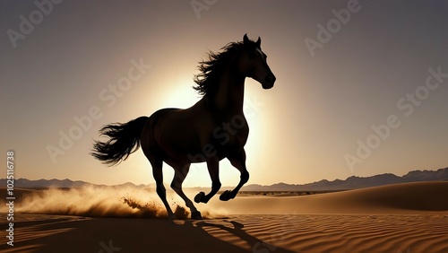 Silhouette of a horse running through a desert at sunset.