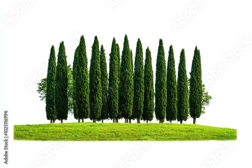 Cypress trees in a row against a white isolated background.