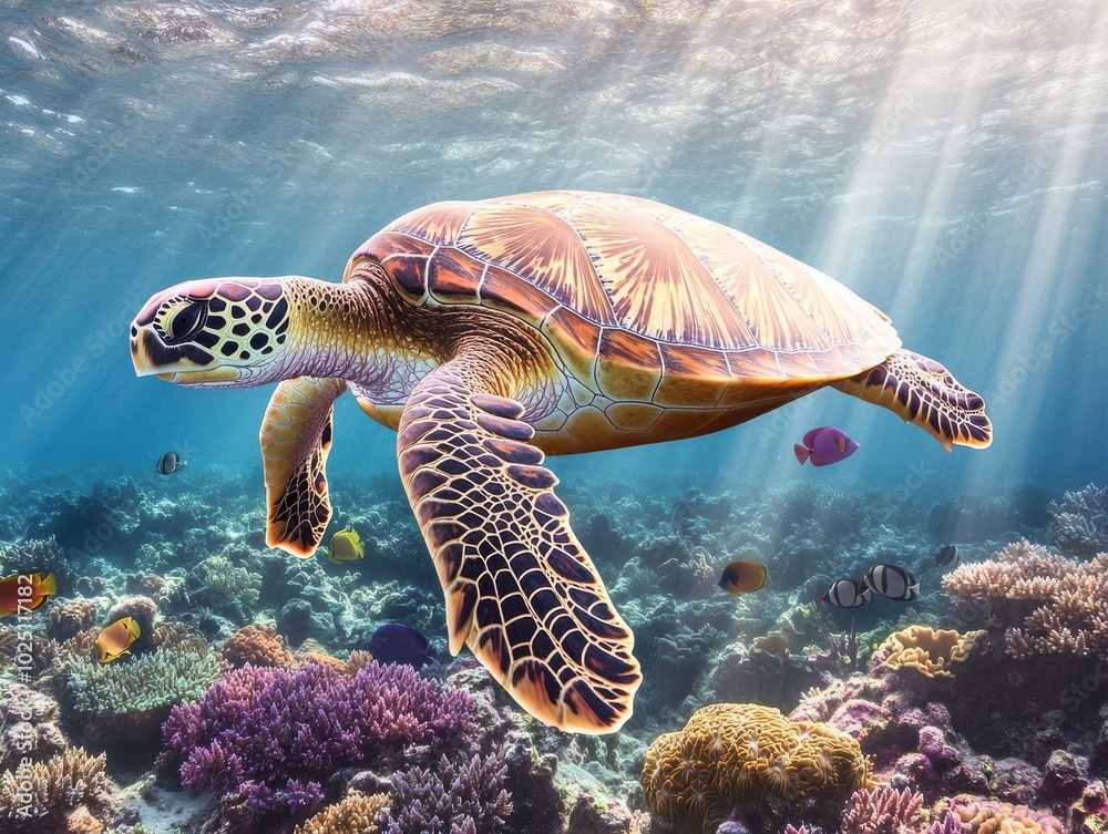 A vibrant sea turtle gracefully gliding through a colorful coral reef, illuminated by sunbeams filtering through the water. A vibrant sea turtle gracefully gliding through a colorful coral reef, illuminated by sunbeams filtering through the water.