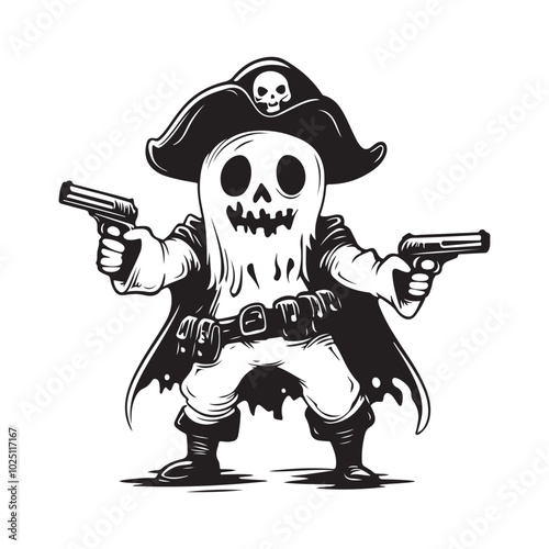 Halloween holiday horror night. Ghost pirate character with gun stock Illustration vector image.
