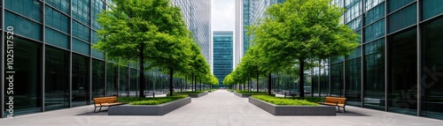 A serene urban pathway lined with trees and benches, surrounded by modern buildings, creating a peaceful escape in the city.