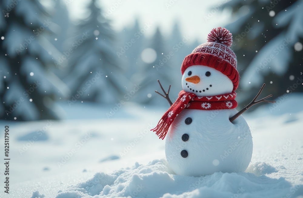 Fototapeta premium snowman wearing a scarf and hat with the snowy landscape