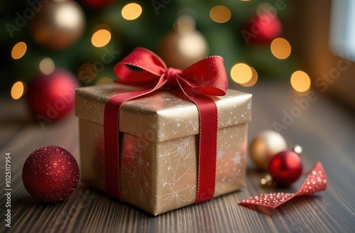 beautifully wrapped gift box with a blurred festive background