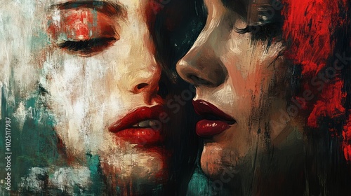 Two Women's Faces in Close-Up, Painted in Abstract Style photo