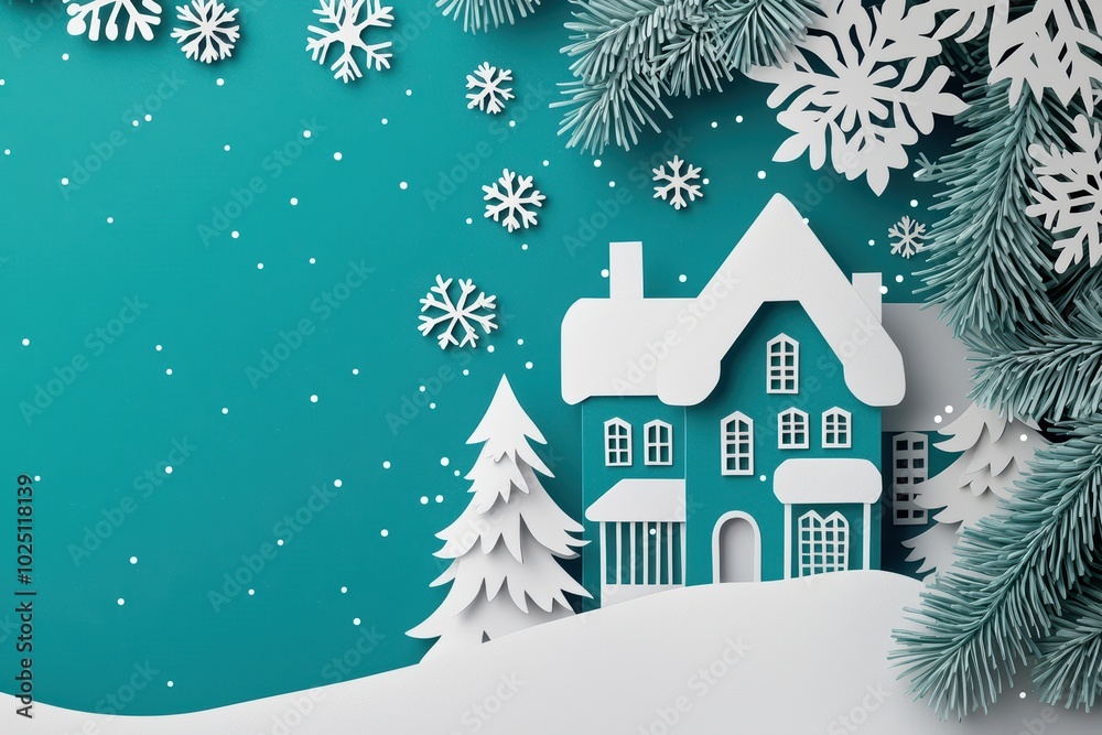 Festive winter scene with a paper cut house, snowflakes, and evergreen branches on a teal background. Festive winter scene with a paper cut house, snowflakes, and evergreen branches on a teal background.