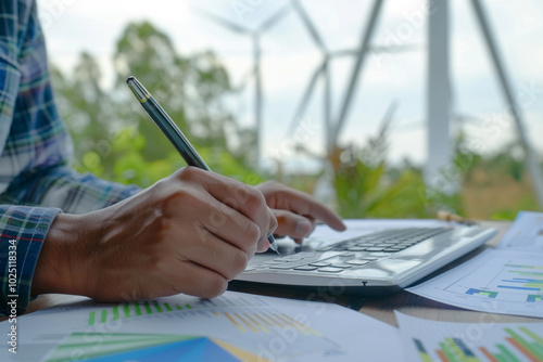 Close-up of a civil engineer calculating the carbon footprint of a new green construction project sustainability reports in the background