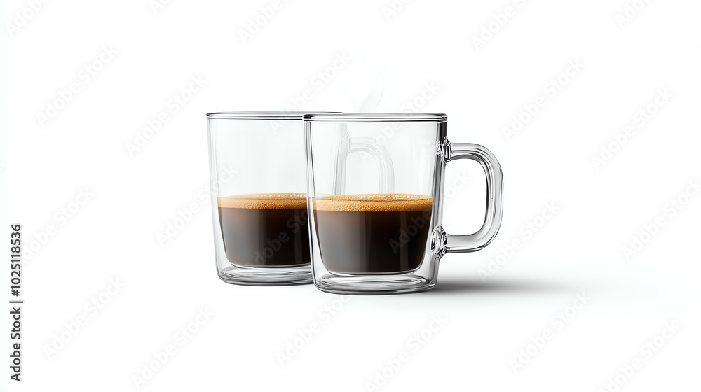 Two clear coffee mugs with steaming espresso Two clear coffee mugs with steaming espresso