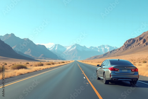 Car parked on the side of the road, right side, long highway, clear blue sky, mountains in the distance, daytime