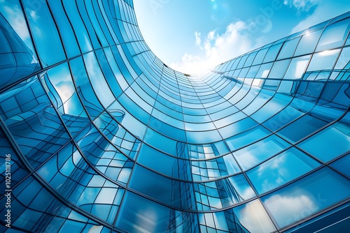 Stunning Architectural Reflection of a Curved Glass Building Against a Bright Blue Sky