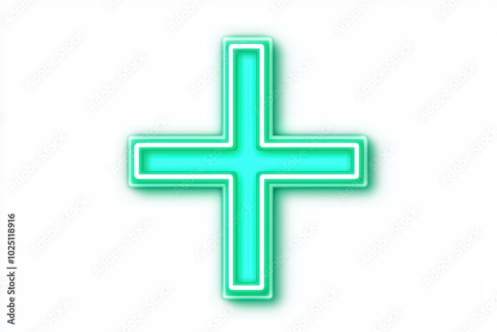 Glowing neon green plus sign with a white isolated background for design and decoration. Glowing neon green plus sign with a white isolated background for design and decoration.