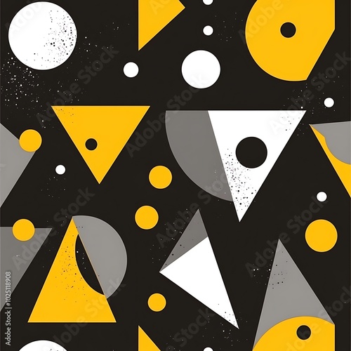 Yellow and gray triangles and circles form a geometric pattern on a black background, creating a futuristic visual.
