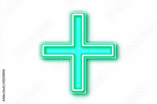 Glowing neon green plus sign with a white isolated background for design and decoration.