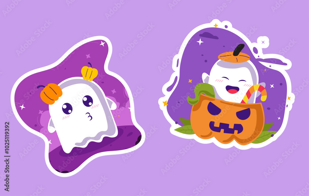 Cute ghost characters sticker set with small pumpkins on head and with purple background, clouds, stars in flat style for halloween, decorations, wallpapers Cute ghost characters sticker set with small pumpkins on head and with purple background, clouds, stars in flat style for halloween, decorations, wallpapers