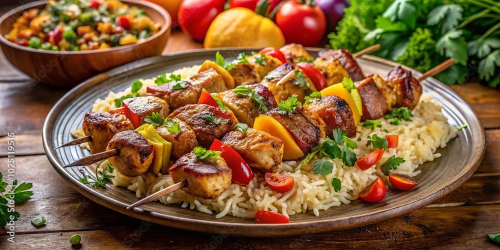 Delicious Polao Rice with Chicken and Kebabs on Transparent Background for Food Photography and Culinary Inspiration Delicious Polao Rice with Chicken and Kebabs on Transparent Background for Food Photography and Culinary Inspiration