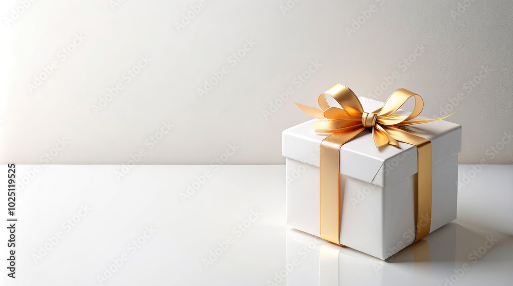 White gift box with a gold ribbon, placed on a reflective white surface and a neutral background. White gift box with a gold ribbon, placed on a reflective white surface and a neutral background.