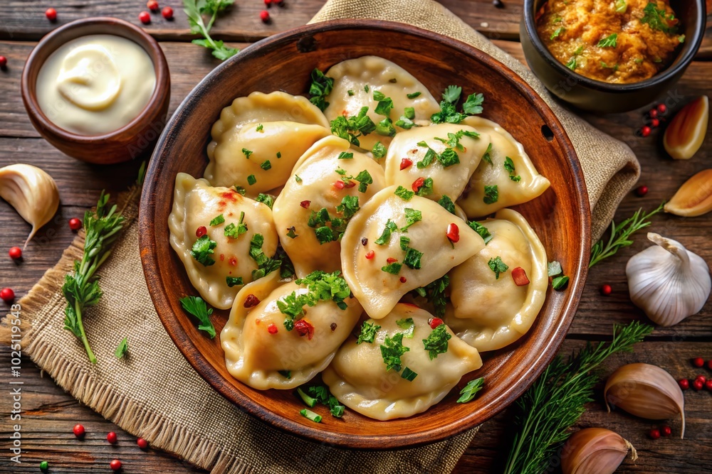 Delicious Potato Varenyky Dumplings with Filling, Authentic Pierogi and Pyrohy, Top Studio Shot View from Above Delicious Potato Varenyky Dumplings with Filling, Authentic Pierogi and Pyrohy, Top Studio Shot View from Above
