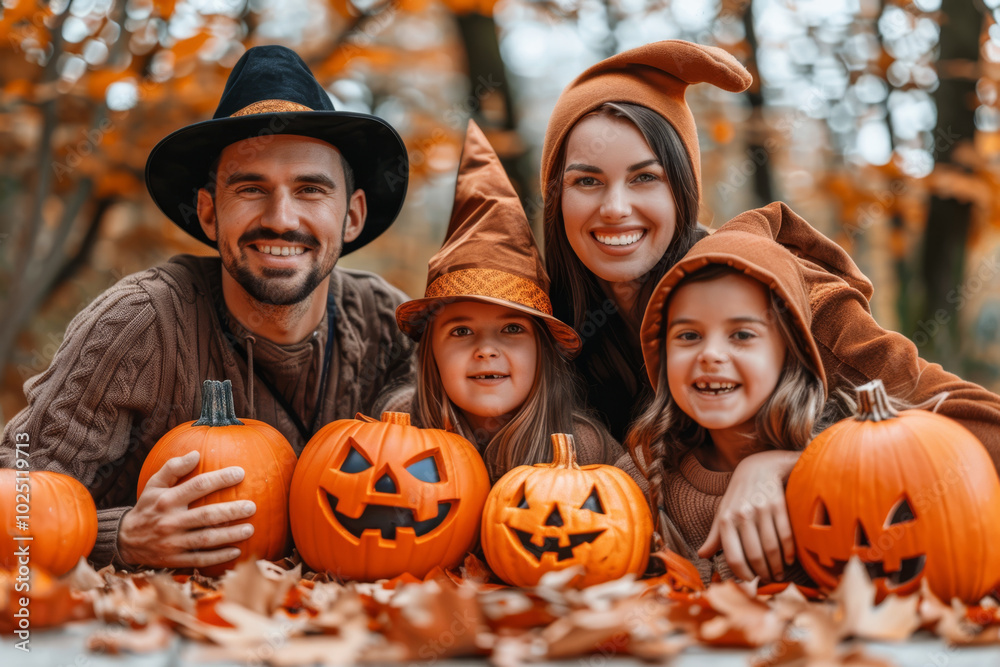 Fototapeta premium Halloween families in gnome costumes on the background of the autumn forest and Halloween pumpkins.
