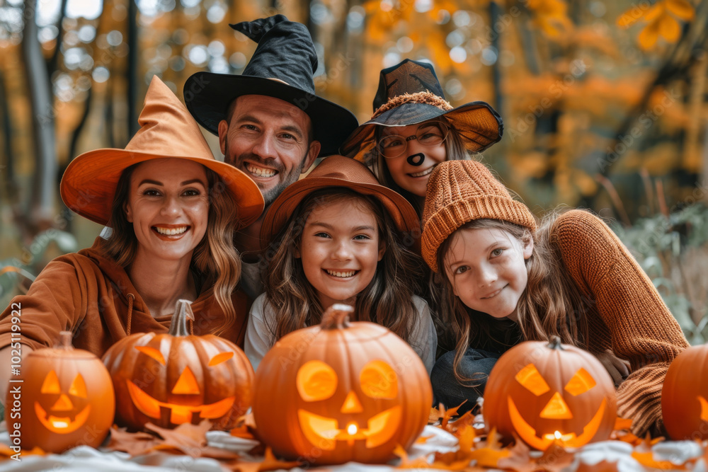  Halloween families in gnome costumes on the background of the autumn forest and Halloween pumpkins.