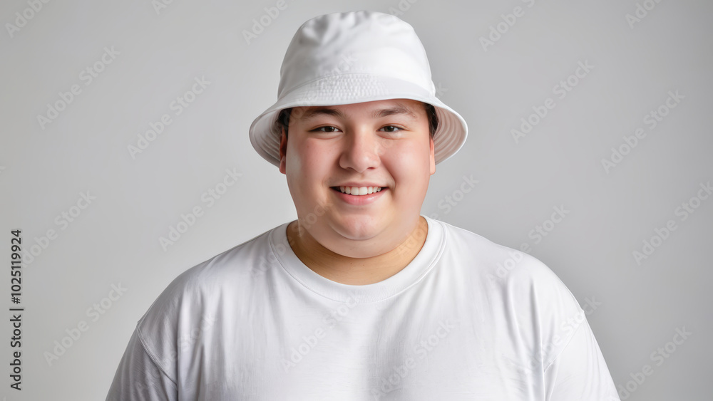 Plus size teenage boy wearing white t-shirt and white bucket hat isolated on grey background Plus size teenage boy wearing white t-shirt and white bucket hat isolated on grey background