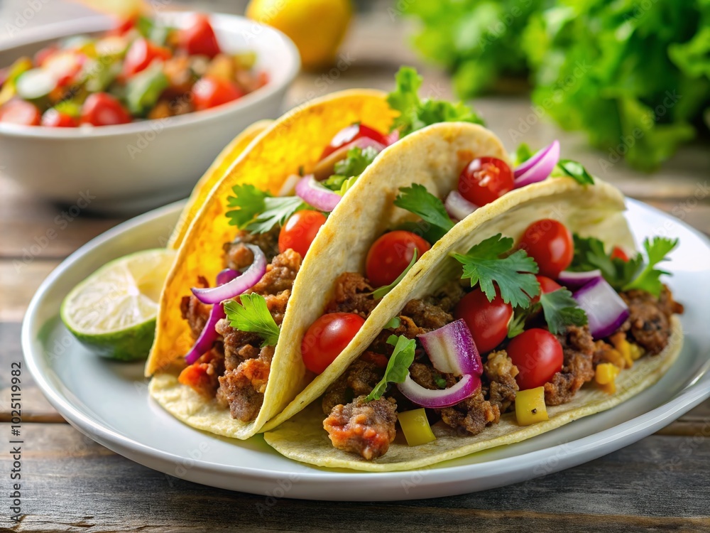Delicious Taco with Ground Meat and Toppings on a White Plate Perfect for Food Photography and Culinary Inspiration Delicious Taco with Ground Meat and Toppings on a White Plate Perfect for Food Photography and Culinary Inspiration
