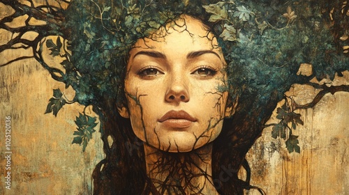 A Woman's Face Emerging from a Tree, With Roots Trailing Down Her Neck